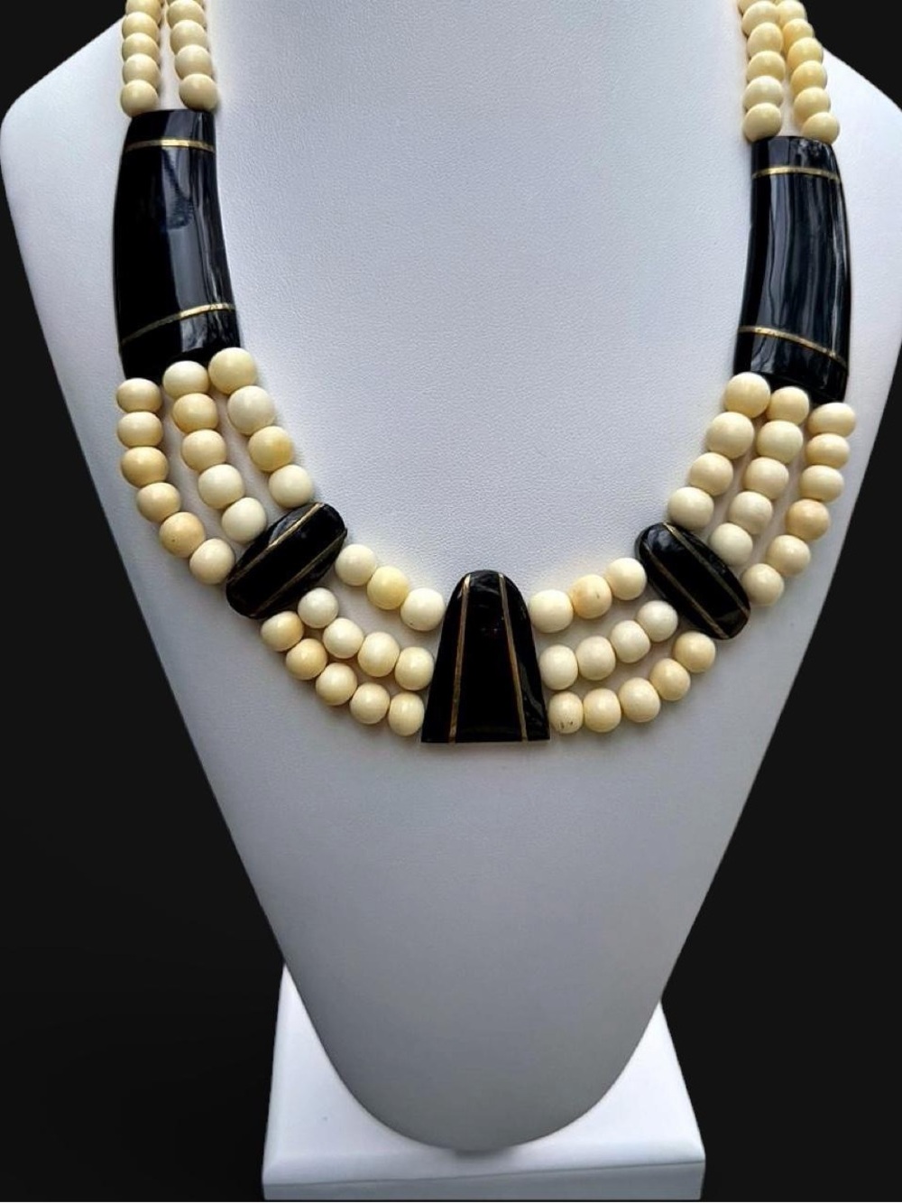 Art Deco Resin Bib Necklace Multi Strand Black Cream Bead Statement Necklace